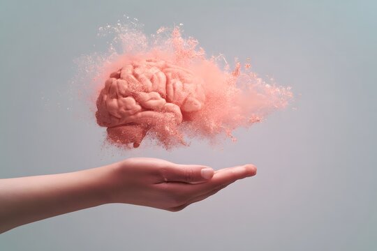 A vivid conceptual image showing a human brain model exploding into a vibrant cloud of rosy pink dust above an outstretched open hand on a light studi