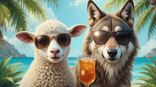 A surreal and conceptual scene featuring a lamb and a wolf wearing sunglasses sitting together at a bar, highlighting the contrast between predator and prey in a relaxed, unexpected atmosphere.