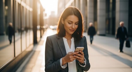 Fototapeta premium Businesswoman using smartphone on city street.