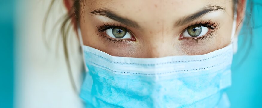 Close up portrait of a focused healthcare worker looking directly at the camera with piercing green eyes while wearing a blue protective medical face 