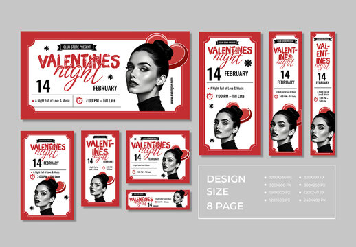 Valentines Night Party Banner Set with Elegant Woman Portrait and Red Hearts