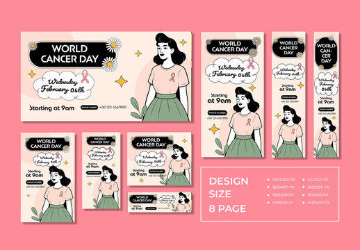World Cancer Day Awareness Banner Set with Illustrated Woman and Pink Ribbons