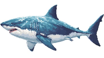 Fototapeta premium Pixel art illustration of a great white shark swimming alone.