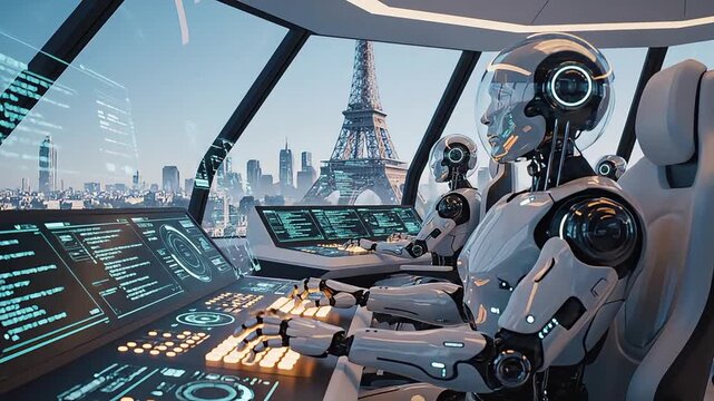 Autonomous workforce humanoid robots operating a futuristic cockpit console with digital displays overlooking the eiffel tower and paris city skyline view