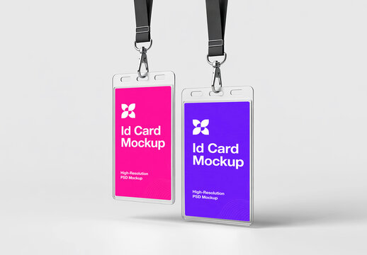 Corporate ID Card Mockup Set with Lanyard and Vertical Plastic Badge Holder