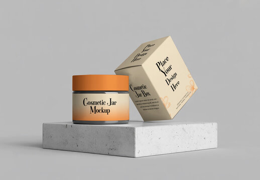 Cosmetic Jar and Box Packaging Mockup on White Stone Podium with Neutral Background