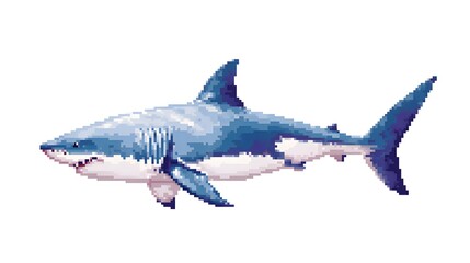 Fototapeta premium Pixel art illustration of a great white shark swimming alone.