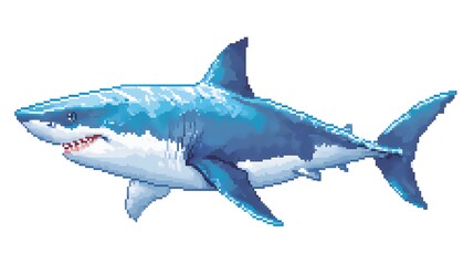 Fototapeta premium Pixel art illustration of a great white shark swimming alone.