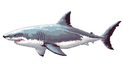 Fototapeta premium Pixel art illustration of a great white shark swimming alone.