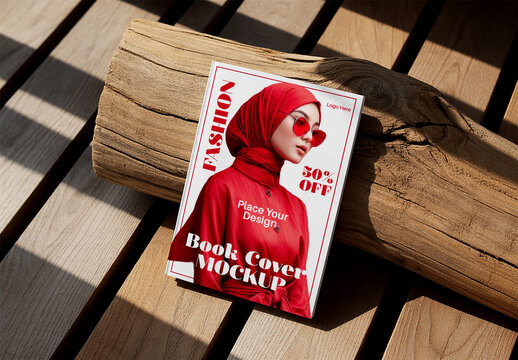 Fashion Book Cover Mockup on Wooden Surface Background