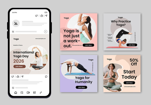 International Yoga Day Social Media Post Template Set with Women Practicing Yoga Poses
