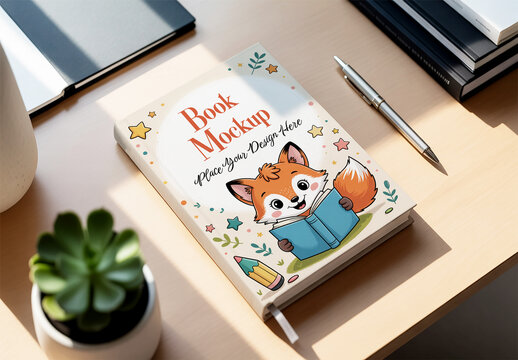 Hardcover Book Mockup on Wooden Desk with Cute Fox Illustration and Stationery