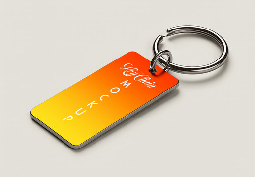 Rectangular Metal Keychain Mockup with Vibrant Orange Gradient Design