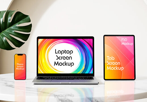 Responsive Device Mockup Set with Laptop Tablet and Smartphone on White Marble Table