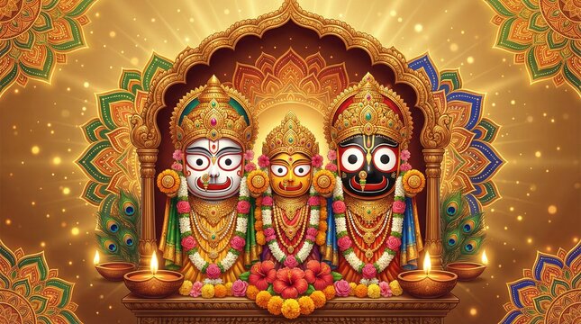Jagannath festival sacred idol worship with Lord Balabhadra Subhadra in Puri Odisha temple tradition showing divine devotion culture spiritual heritage and colorful celebration in India