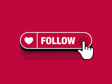 A hand cursor clicks the follow button with a heart icon