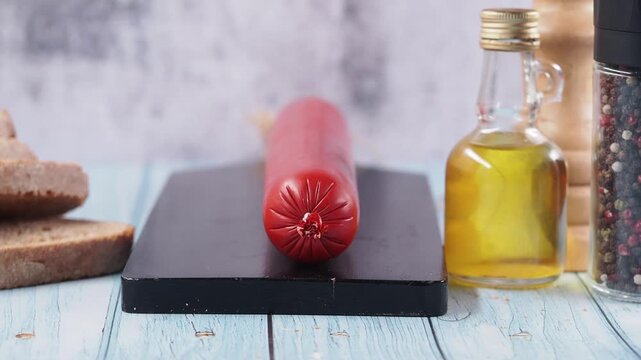 A red sausage laying on a black cutting board next to a bottle of olive oil, pepper grinder, and sliced bread, slow camera slide.