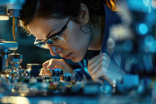 Female Engineer Working on Circuit Board in High Tech Laboratory.