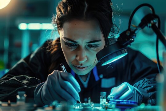 Female Engineer Working on Electronic Components in a High-Tech Lab.