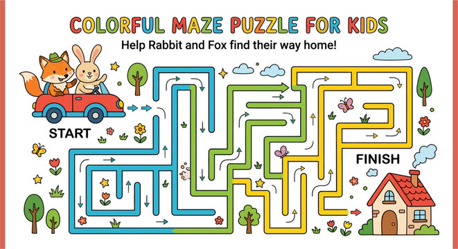 A colorful maze puzzle featuring a rabbit fox and winding pathways
