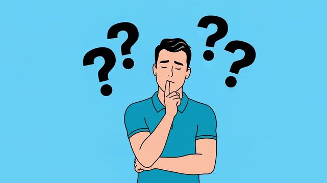 Person touching chin while thinking deeply with black question marks popping up above his head, isolated on a blue background