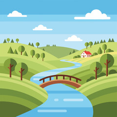 A colorful landscape with a river, house, bridge, trees, and rolling hills © Izuna