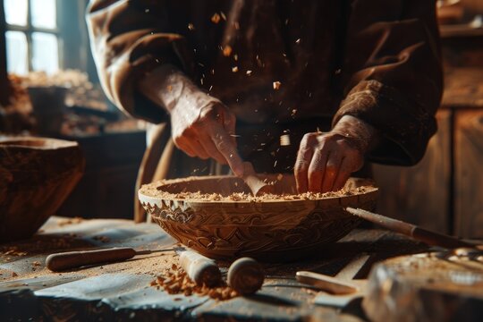 Artisans Hands Crafting Wooden Bowl with Wood Shavings Flying in Workshop.