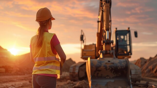 Young girl in hard hat and safety vest watching excavator at sunset.
