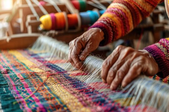 Close up of hands weaving a colorful traditional textile on a loom.