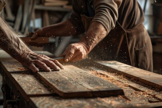 Close-up of a skilled carpenters hands working on a wooden plank with a saw in a rustic workshop, creating sawdust.
