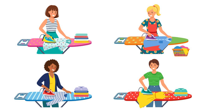 Four diverse women are shown happily ironing clothes indoors