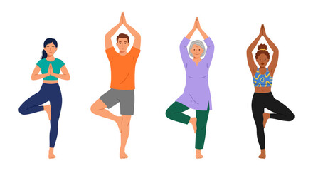 Fototapeta premium Four people of diverse ages practicing a tree pose in yoga