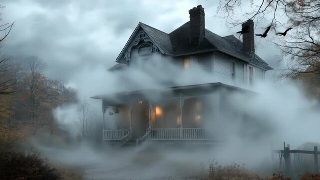 Spooky old wooden house surrounded by thick fog with dark crows flying overhead in eerie forest, mysterious haunted scene with autumn trees and dim evening light