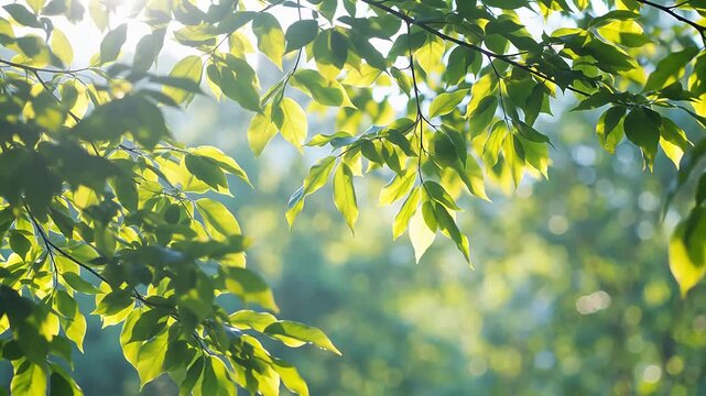 Sunlit green leaves on tree branches
