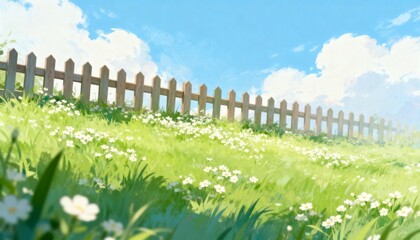 Obraz premium Sunny Green Meadow with Wooden Fence and Flowers