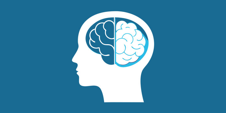 Human silhouette featuring a brain split into two distinct hemispheres with neural pathways highlighted