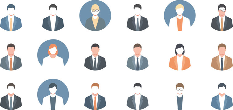 Collection of minimalist flat vector business avatars featuring diverse professional men and women in suits for corporate team profiles.