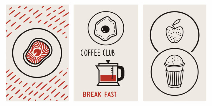 Breakfast themed illustrations with coffee pot and various food items