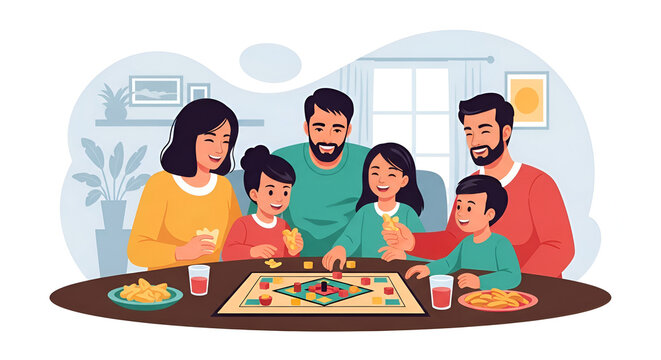 Family Playing Board Game Together at Table.