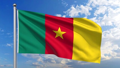 Fototapeta premium Cameroon's waving flag, green, red, yellow, and a star, against cloudy sky