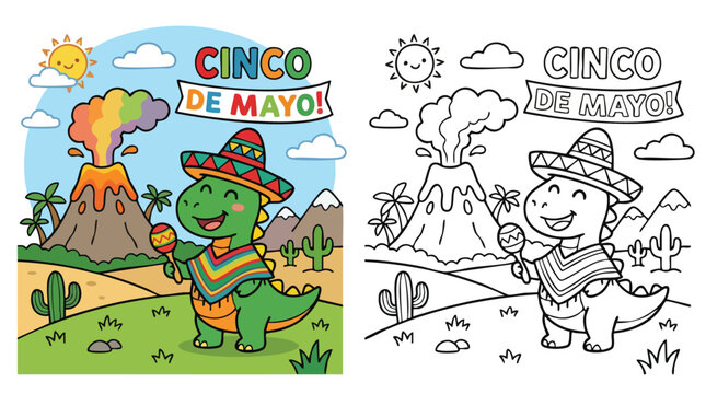 Cinco De Mayo Coloring Page with Cute Dinosaur in Sombrero