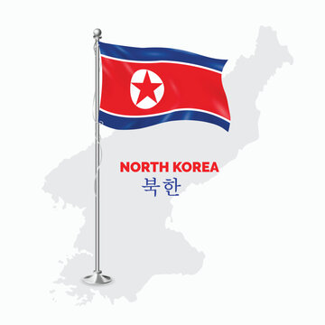 Waving flag of North Korea on flagpole. Template for independence day poster design, North Korea Flag with World Map Behind them on White Background