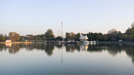 Obraz premium View landscape of Landmarks destinations for exercise workout of thai people fitness enthusiast walk run in Somdet Phra Srinagarindra Park or Suan Somdet Ya Garden at Pak Kret in Nonthaburi, Thailand