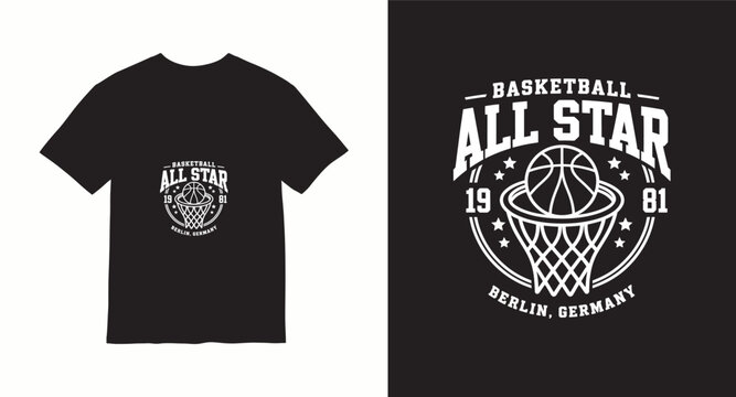 Basketball all star 1981 Berlin Germany t-shirt design with hoop and ball emblem
