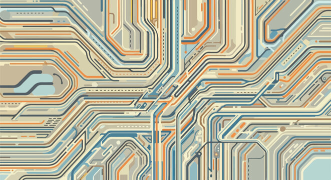 A geometric graphic in neutral tones, featuring interconnected lines and shapes