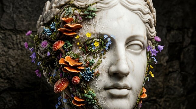 植物に浸食された古代ギリシャの女神の胸像。自然と芸術が融合した神秘的な石像のクローズアップ写真