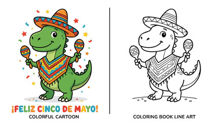 Fototapeta premium Cinco De Mayo Dinosaur Coloring Page and Colorful Cartoon