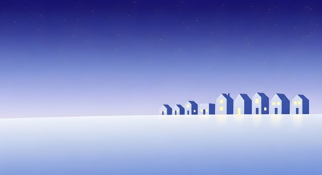 Minimalist Winter Village with Geometric Houses Warm Light and Starry Night Sky