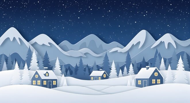 Paper Cut Style Winter Village with Glowing Houses and Layered Mountains at Night
