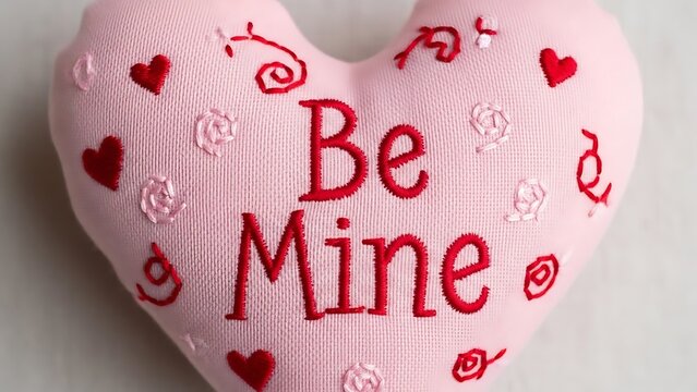 Pink heart shaped pillow with text and decorative elements on white background